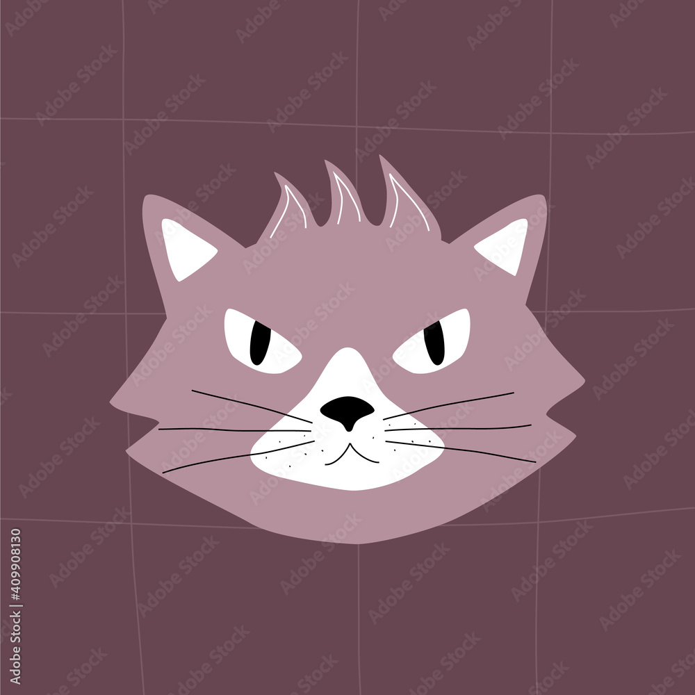 Serious cat with angry eyes. Head of angry grey cat. Cat head cartoon. Doodle illustration vector.
