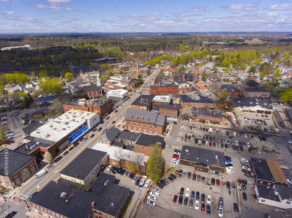 Aerial view of Historic center of Andover on Main Street in Andover, Massachusetts, MA, USA. 