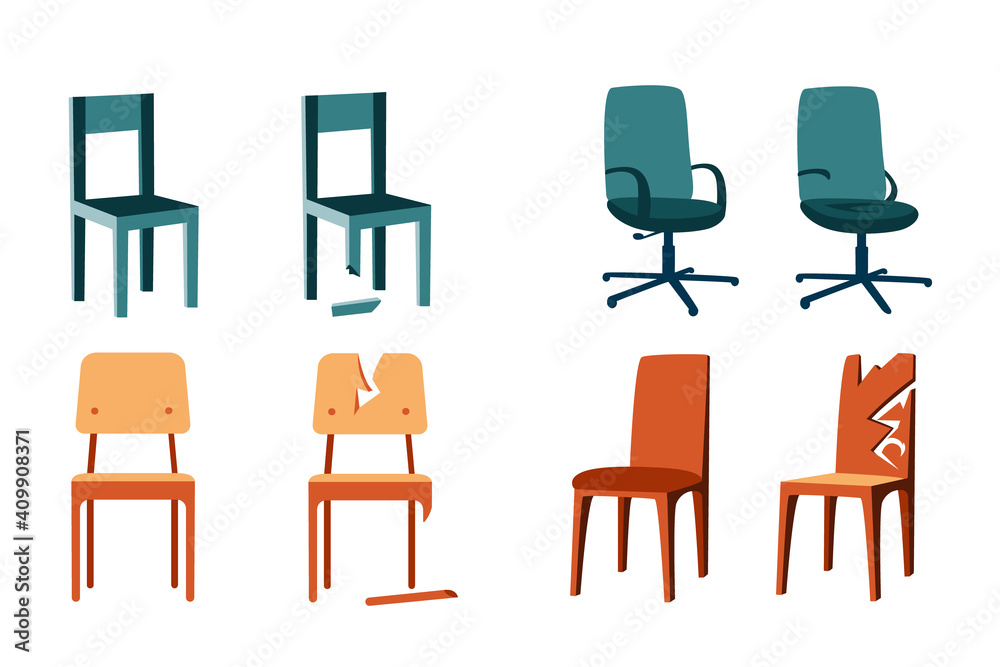 Set of flat illustrations of wooden chairs on a white background. Office  chairs, school chairs. Broken chair repair. Shabby, battered chairs. New  design, cartoon style illustration. Stock Vector | Adobe Stock