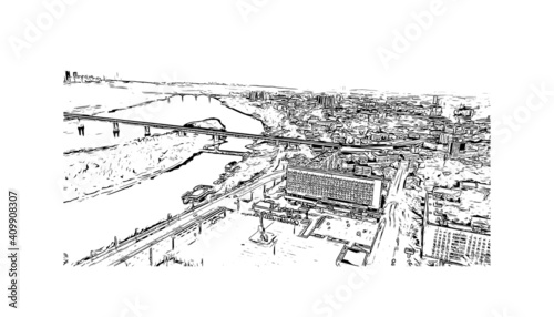 Building view with landmark of Nizhny Novgorod is the
city in Russia. Hand drawn sketch illustration in vector.