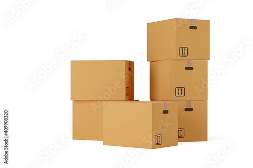 Stacks of closed brown cardboard moving storage boxes over white background, moving day concept