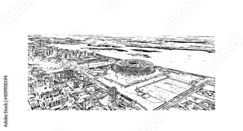 Building view with landmark of Nizhny Novgorod is the
city in Russia. Hand drawn sketch illustration in vector.