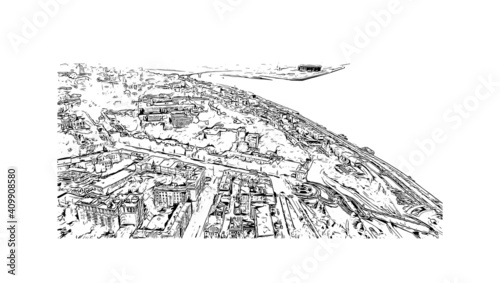 Building view with landmark of Nizhny Novgorod is the
city in Russia. Hand drawn sketch illustration in vector.