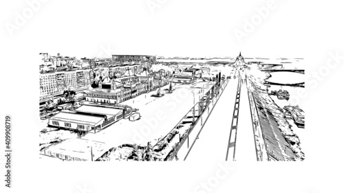 Building view with landmark of Nizhny Novgorod is the
city in Russia. Hand drawn sketch illustration in vector.