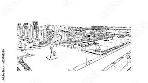 Building view with landmark of Nizhny Novgorod is the
city in Russia. Hand drawn sketch illustration in vector.