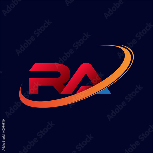 initial letter RA logotype company name colored red and orange swoosh design. isolated on dark background.