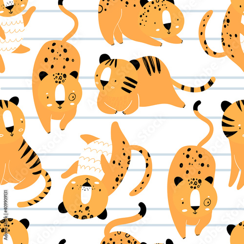 Photography Vector hand-drawn seamless repeating color childish pattern with wild cats in Scandinavian style on a white background