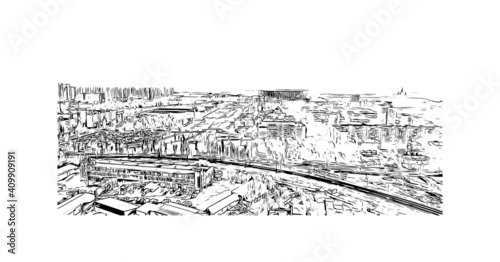 Building view with landmark of Nizhny Novgorod is the
city in Russia. Hand drawn sketch illustration in vector.