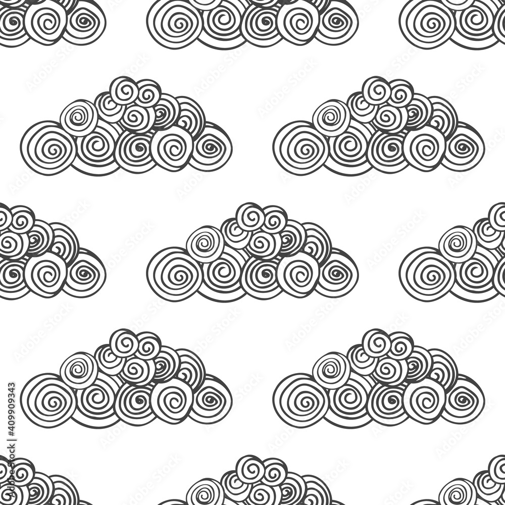 Vector seamless pattern with swirl funny clouds.