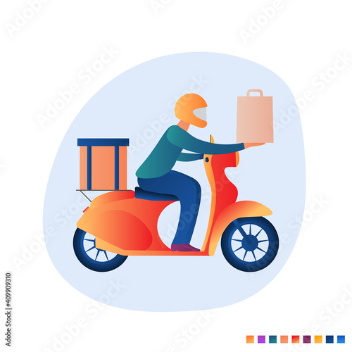 Vector modern creative flat design illustration featuring office worker commuting on the retro scooter with the delivery box on the back. Man in helmet riding a classic looking moped, side view. 