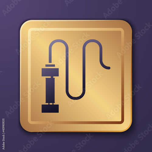 Purple Braided leather whip icon isolated on purple background. Gold square button. Vector.