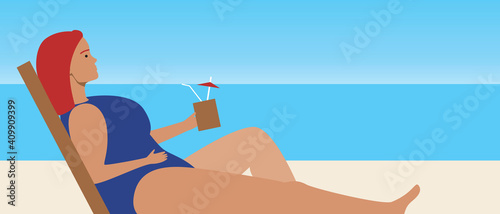 Woman tanning, template with place for text, copy space flat vector stock illustration with woman on sun lounger at resort
