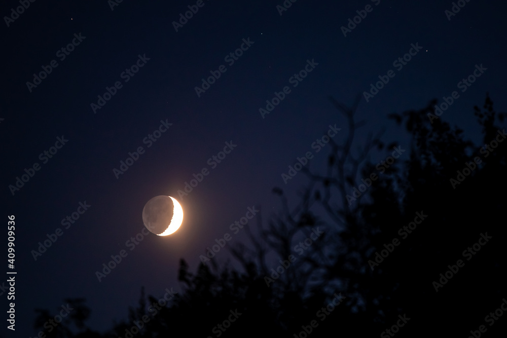 young crescent moon with the dark side in sight 