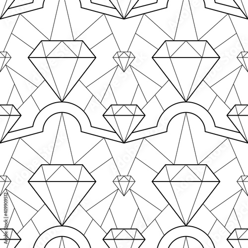 Vector illustration seamless line pattern with diamond stone. Monochrome art deco repeat texture. Black and white style gem stones geometric linear jewelry business background.