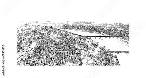 Building view with landmark of Nizhny Novgorod is the
city in Russia. Hand drawn sketch illustration in vector.