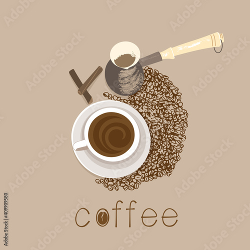 A cup of natural coffee, on the background of coffee beans. Sketch-style drawing 