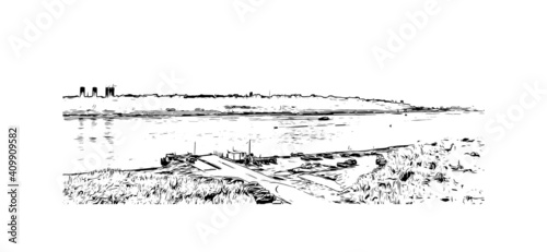 Building view with landmark of Nizhny Novgorod is the
city in Russia. Hand drawn sketch illustration in vector.