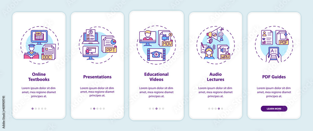 Online teaching digital resources onboarding mobile app page screen with concepts. Online textbooks walkthrough 5 steps graphic instructions. UI vector template with RGB color illustrations