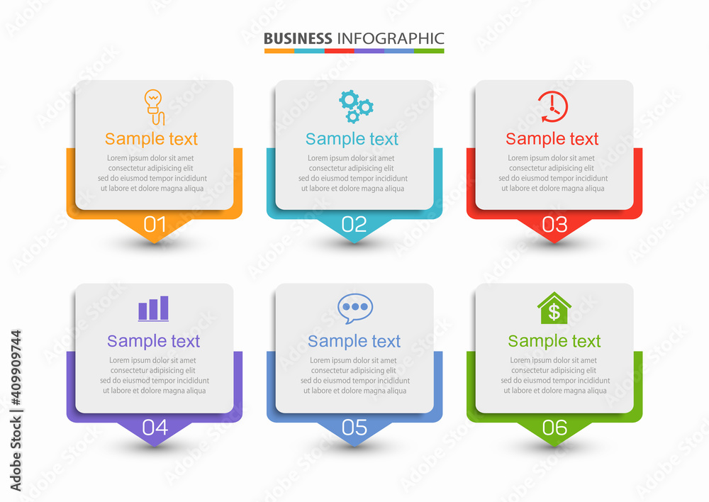 Business vector infographic design template with icons and 6 options or steps. Can be used for process diagram, presentations, workflow layout, banner, flow chart, info graph