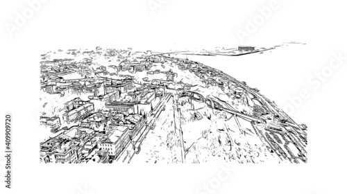 Building view with landmark of Nizhny Novgorod is the
city in Russia. Hand drawn sketch illustration in vector.