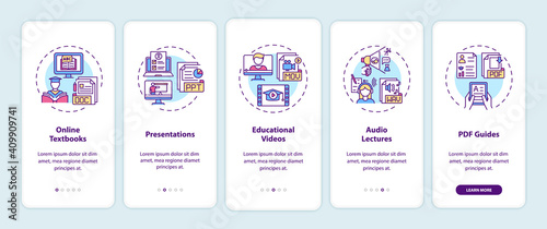 Online teaching digital resources onboarding mobile app page screen with concepts. Online textbooks walkthrough 5 steps graphic instructions. UI vector template with RGB color illustrations