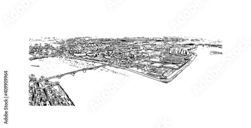 Building view with landmark of Nizhny Novgorod is the
city in Russia. Hand drawn sketch illustration in vector.