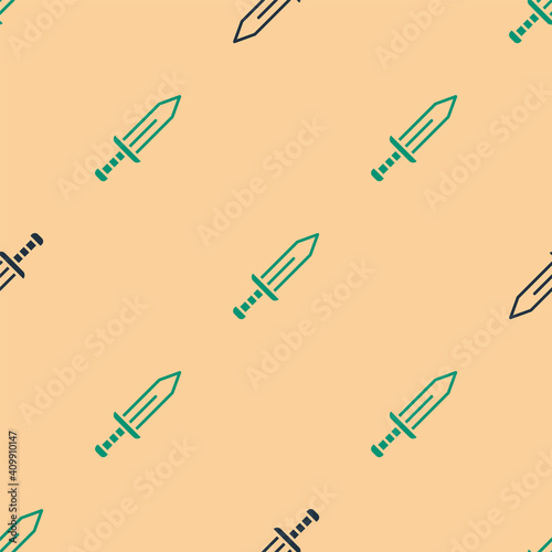 Green and black Sword icon isolated seamless pattern on beige background. Medieval weapon. Vector.
