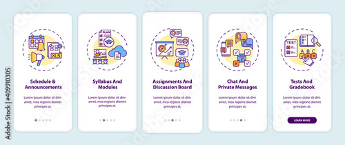 Online course management system onboarding mobile app page screen with concepts. Schedule and announcements walkthrough 5 steps graphic instructions. UI vector template with RGB color illustrations