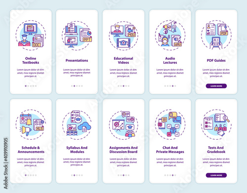Online teaching onboarding mobile app page screen with concepts set. Online teaching digital resources walkthrough 10 steps graphic instructions. UI vector template with RGB color illustrations