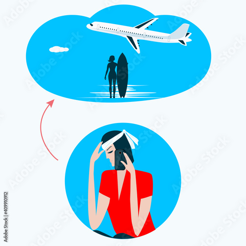 Woman, sad, with headache. Dream on a plane to fly to surf - vector. Hypothetical vacation. Travel planning.