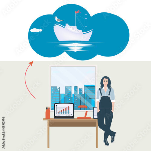 Woman, freelancer, workplace. Dream about sea cruise - vector. Hypothetical vacation. Travel planning.