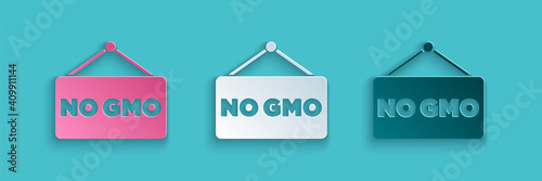 Paper cut No GMO icon isolated on blue background. Genetically modified organism acronym. Dna food modification. Paper art style. Vector.