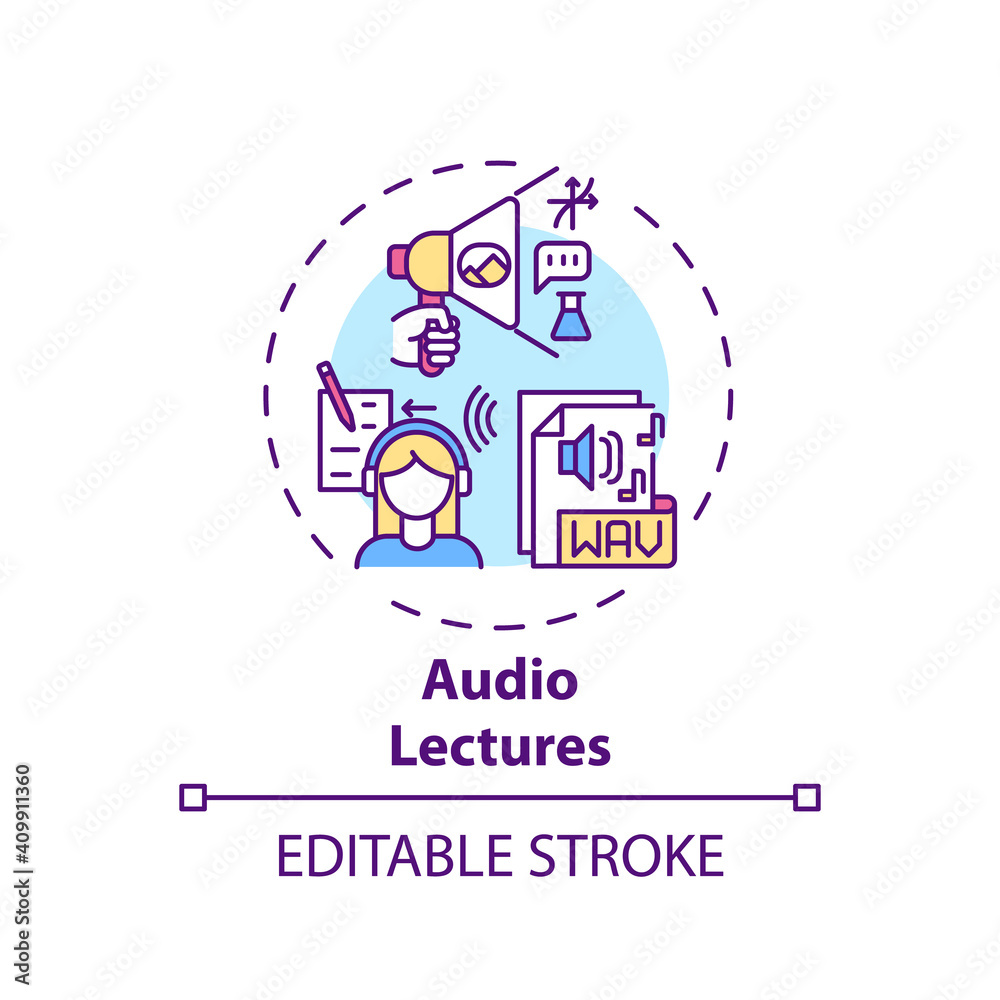 Audio lectures concept icon. Online teaching digital resources. Giving new information to students with audio idea thin line illustration. Vector isolated outline RGB color drawing. Editable stroke Audio lectures concept icon. Online teaching digital resources. Giving new information to students with audio idea thin line illustration. Vector isolated outline RGB color drawing. Editable stroke