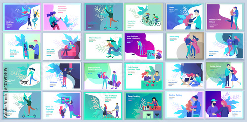 Set of Landing page templates for hobby blog. People enjoying their hobbies, dancing, riding a scooter, paint walls and a picture, play the guitar, cooking. Vector characters