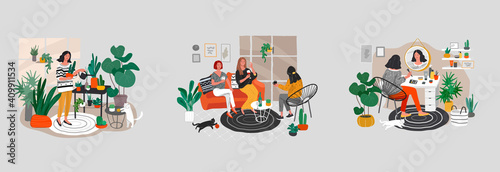 Set of beautiful girl in daily life scenes. Young woman shopping, makes up, sleeping, relaxes, takes bath, chooses clothes, playing with cat, working, watering flower. Flat cartoon vector illustration