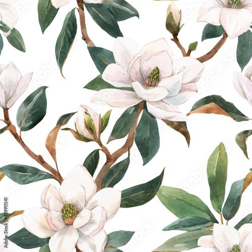 Fotografie, Obraz Beautiful vector seamless pattern with hand drawn watercolor white magnolia flowers
