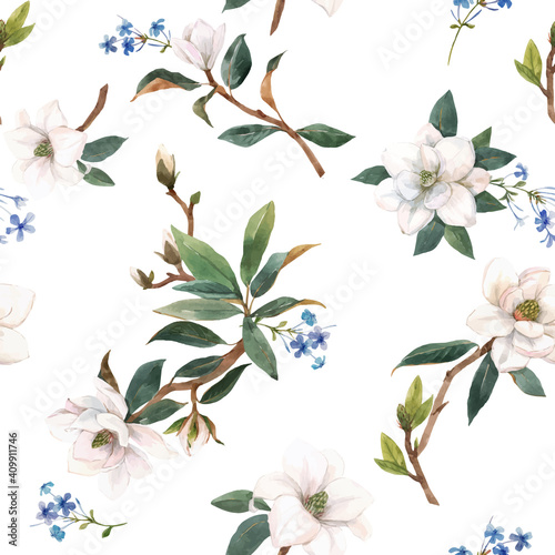 Beautiful vector seamless pattern with hand drawn watercolor white magnolia flowers. Stock illustration.