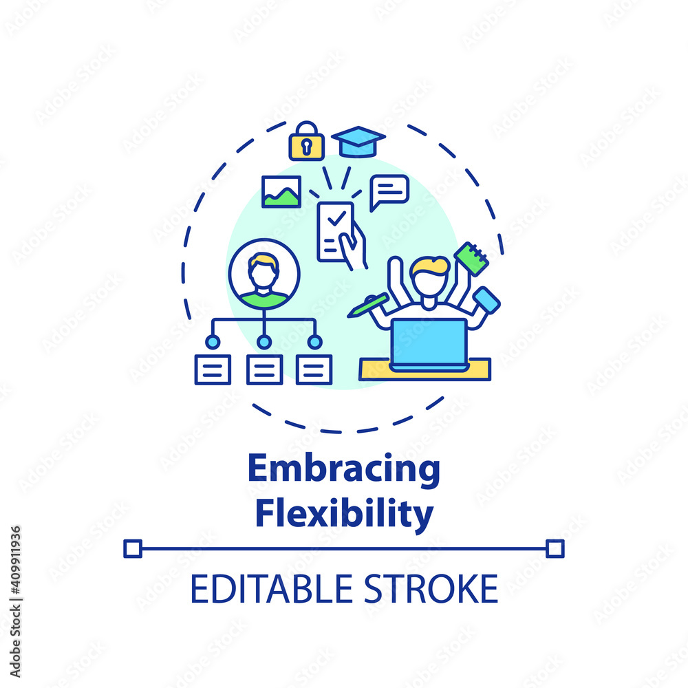 Embracing flexibility concept icon. Online teaching tips. Being ready to apply different teaching methods idea thin line illustration. Vector isolated outline RGB color drawing. Editable stroke Embracing flexibility concept icon. Online teaching tips. Being ready to apply different teaching methods idea thin line illustration. Vector isolated outline RGB color drawing. Editable stroke
