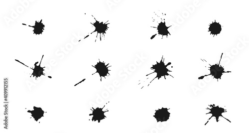 Set of Ink splashes and drops. Collection of handdrawn blobs, blots and spatters