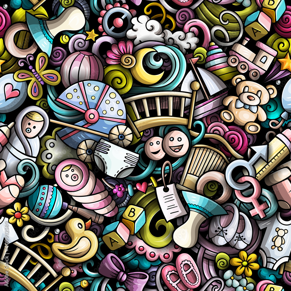 Fototapeta premium Cartoon cute doodles hand drawn Baby seamless pattern.