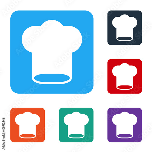 White Chef hat icon isolated on white background. Cooking symbol. Cooks hat. Set icons in color square buttons. Vector.