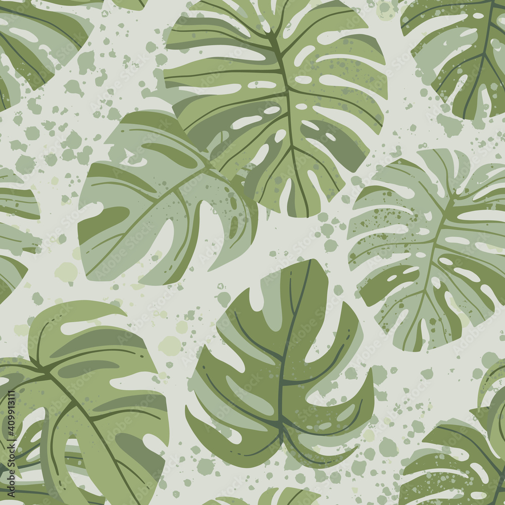 Obraz Seamless tropical pattern with exotic palm leaves and various plants on light background.