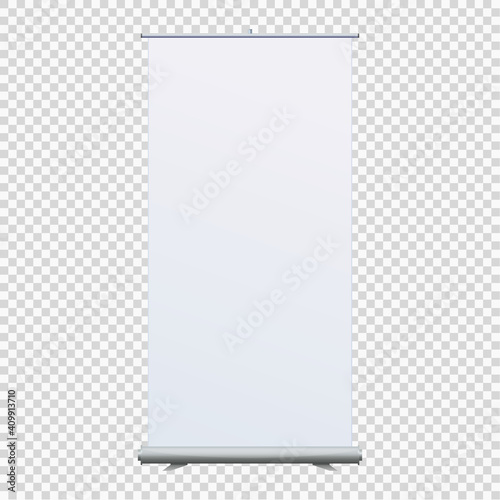 Roll Up Banner Stand on isolated clean background. Design template blank pop up banner display template for designers. Vector illustration EPS 10. Flipchart for training or promotional presentation