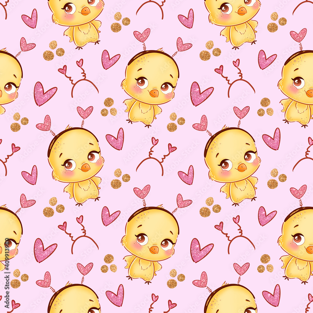 Valentine's Day Chicken Seamless Pattern. Animals in love digital paper. Valentine's Day Chicken Seamless Pattern. Animals in love digital paper.