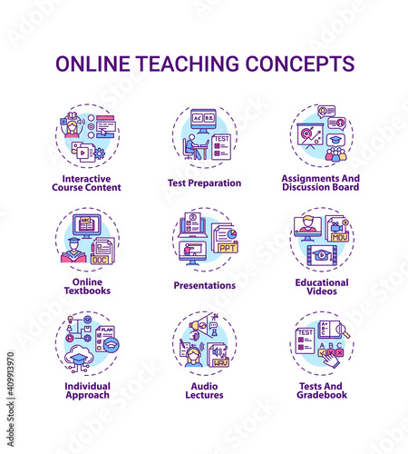 Online teaching concept icons set. Interactive course content. Online learning textbooks and presentations idea thin line RGB color illustrations. Vector isolated outline drawings. Editable stroke