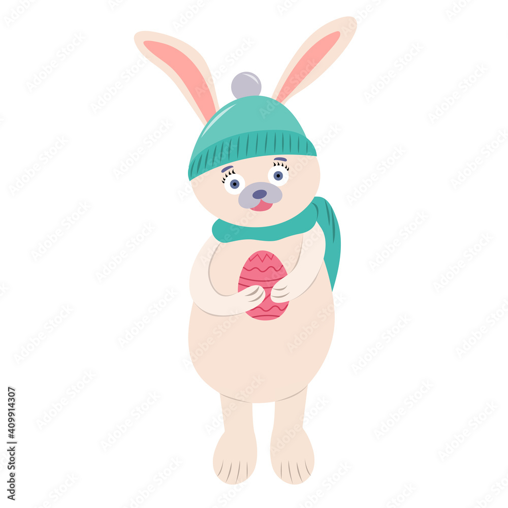 Obraz premium Easter bunny in a hat holding egg. Vector cartoon illustration on white background