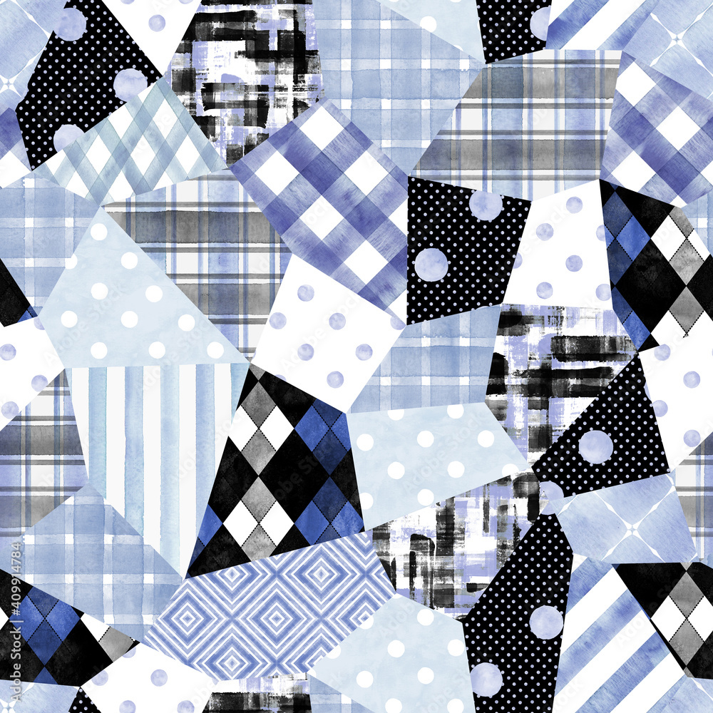 Trendy imitation sewn pieces of fabric in patchwork style. Watercolour hand drawn modern collage Trendy imitation sewn pieces of fabric in patchwork style. Watercolour hand drawn modern collage