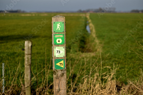 Hiking trail and cycle path signpost with yellow symbols and arrows on a green background in the Netherlands