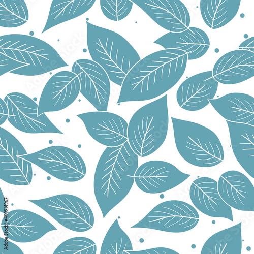 Floral seamless pattern with blue exotic leaves on white background. Tropic branches. Fashion vector stock illustration for wallpaper, posters, card, fabric, textile