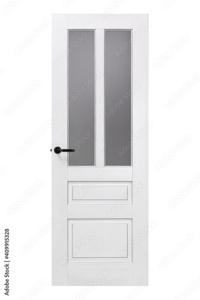 Naklejka premium Modern white wooden door isolated on white background
